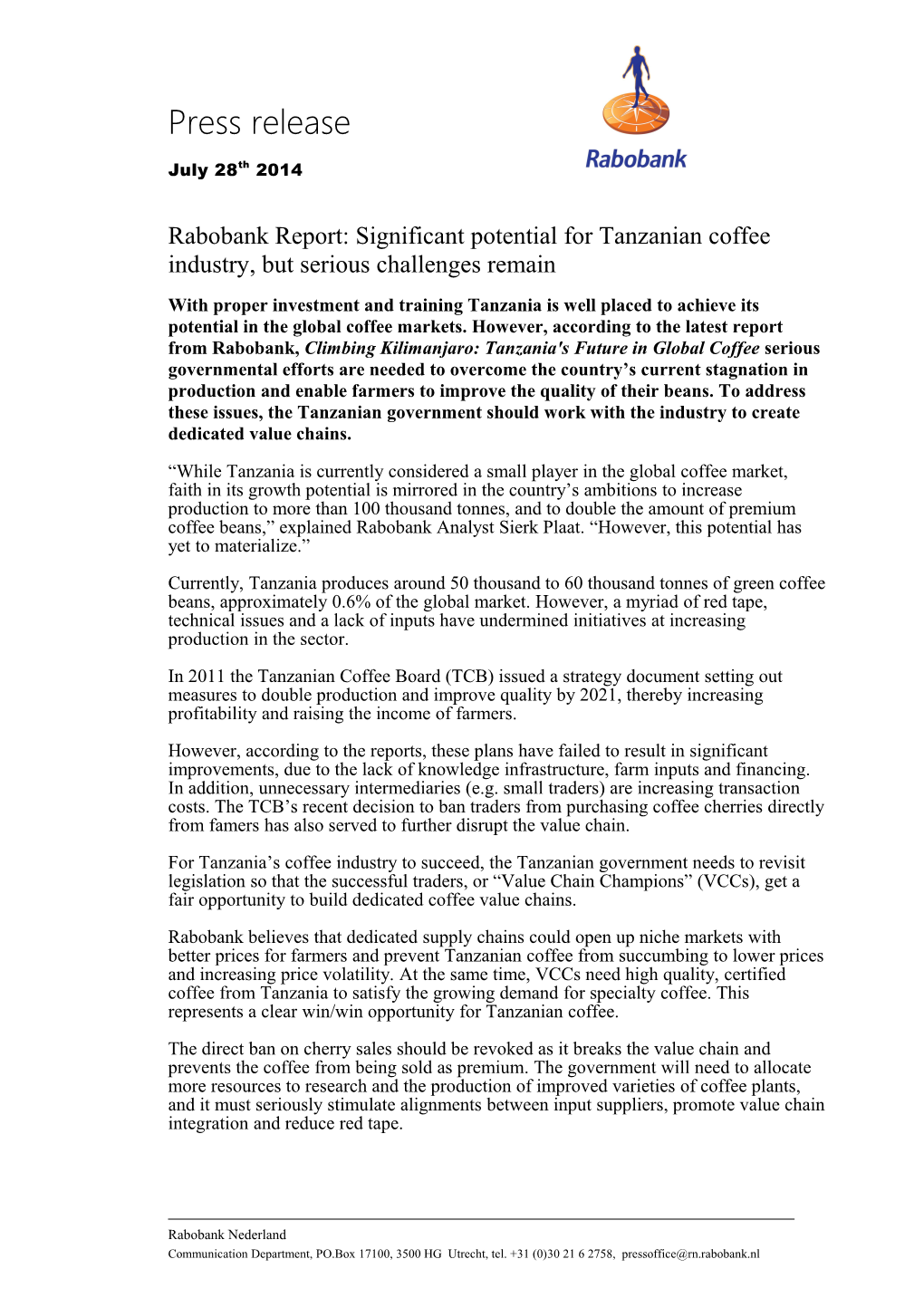 Rabobank Report: Significant Potential for Tanzanian Coffee Industry, but Serious Challenges