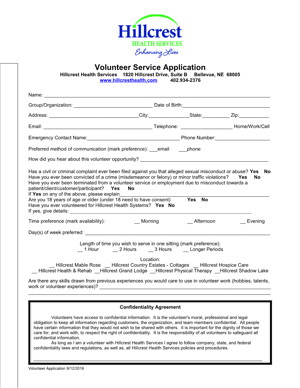 Volunteer Service Questionnaire