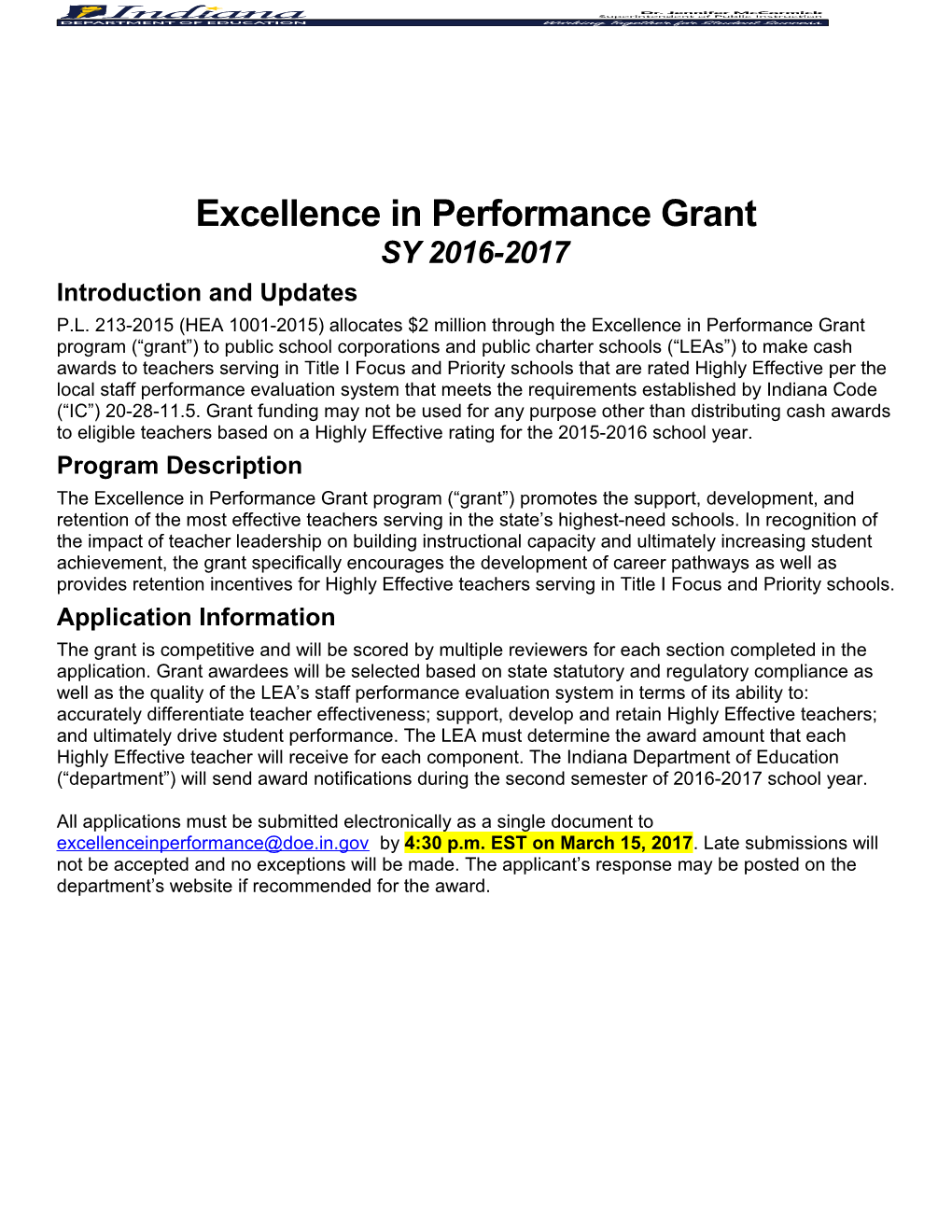 Excellence in Performance Grant