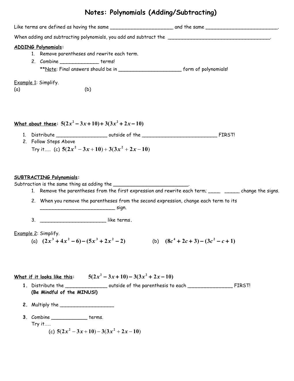 Adding and Subtracting Polynomials Notes
