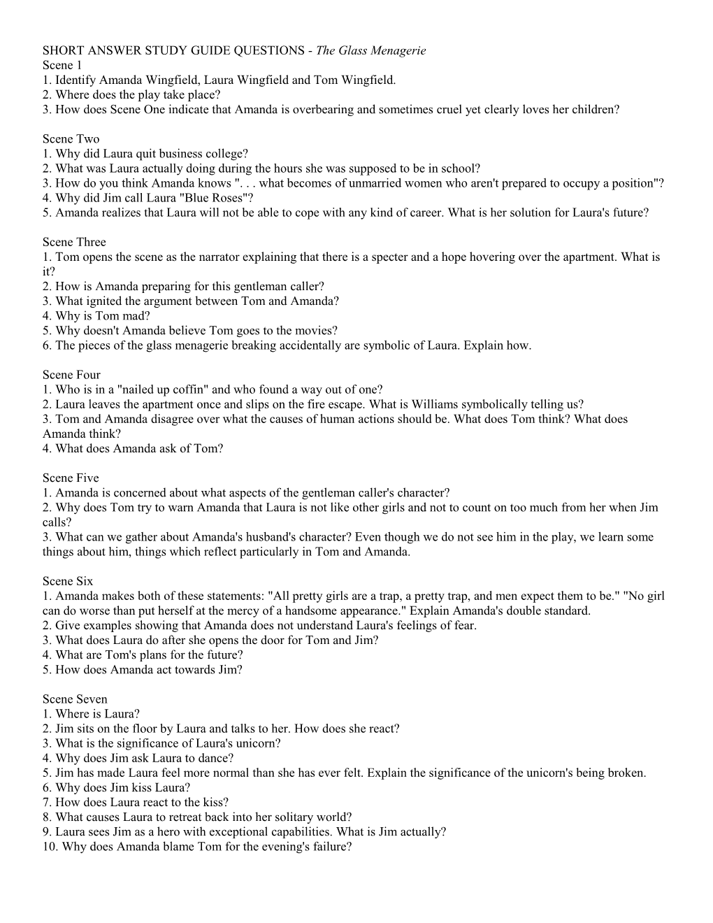 SHORT ANSWER STUDY GUIDE QUESTIONS - the Glass Menagerie