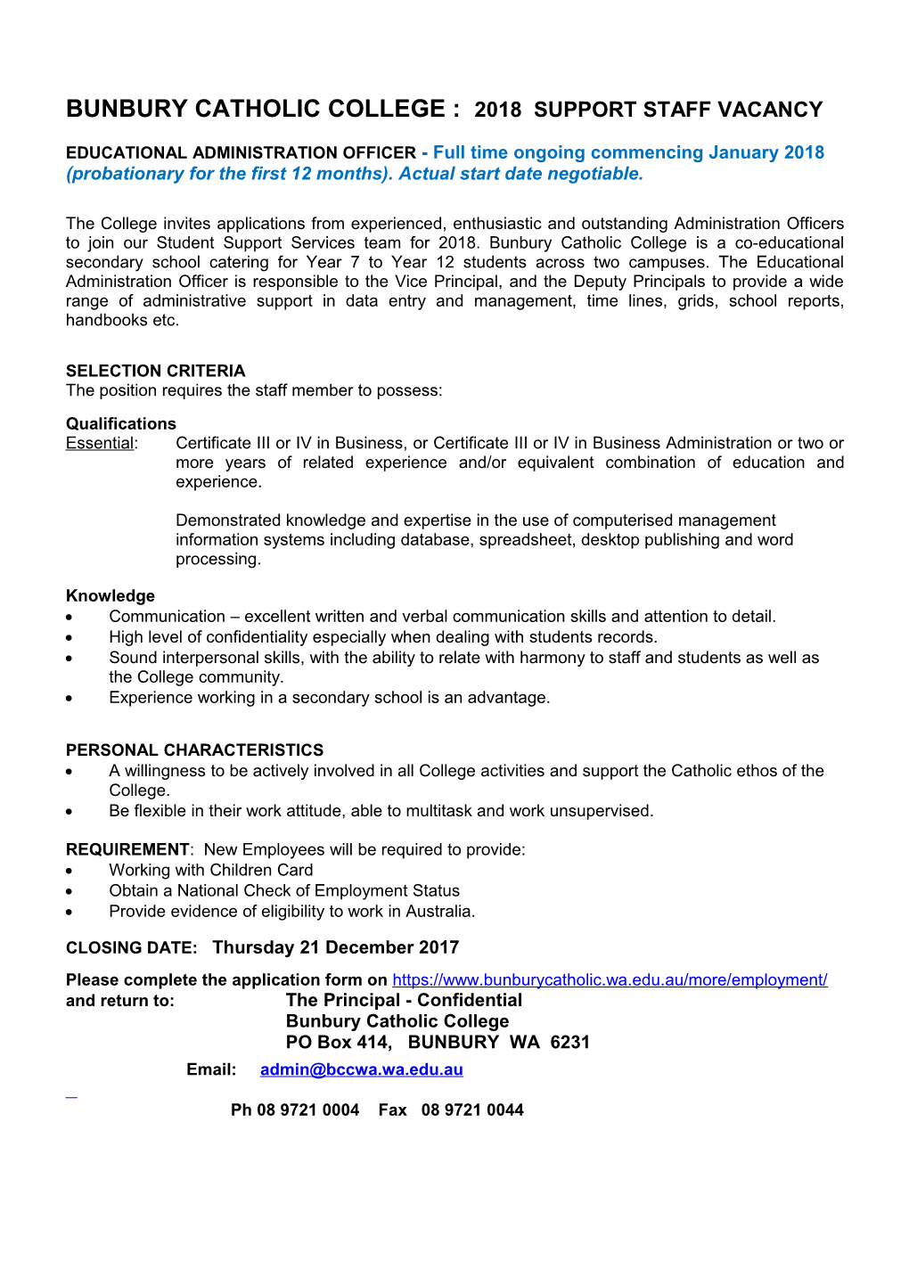 Bunbury Catholic College : 2018 Support Staff Vacancy