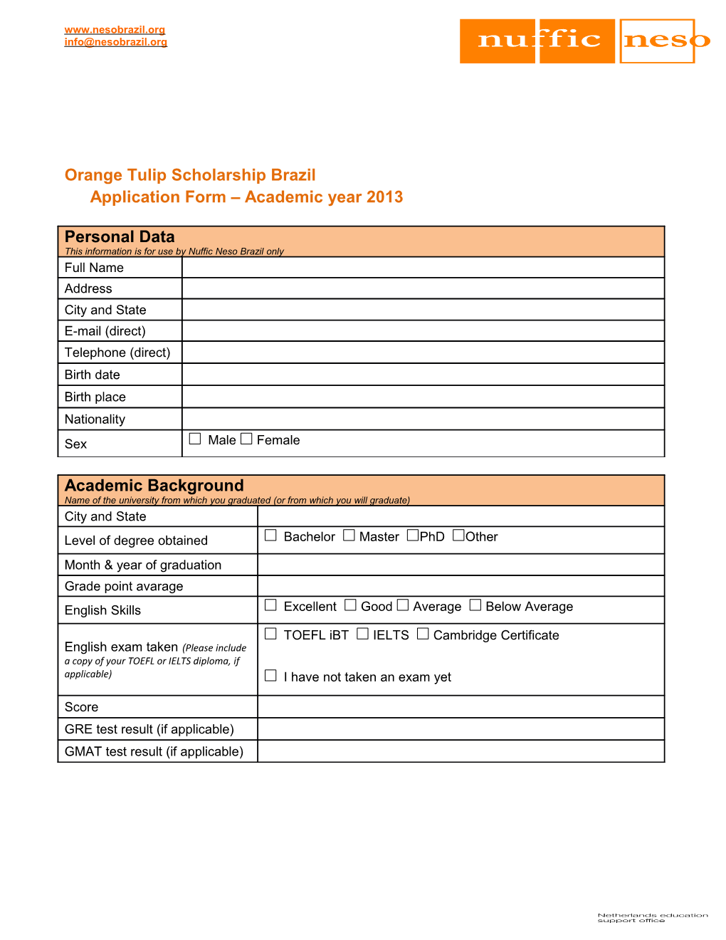 Orange Tulip Scholarship Brazilapplication Form Academic Year 2013