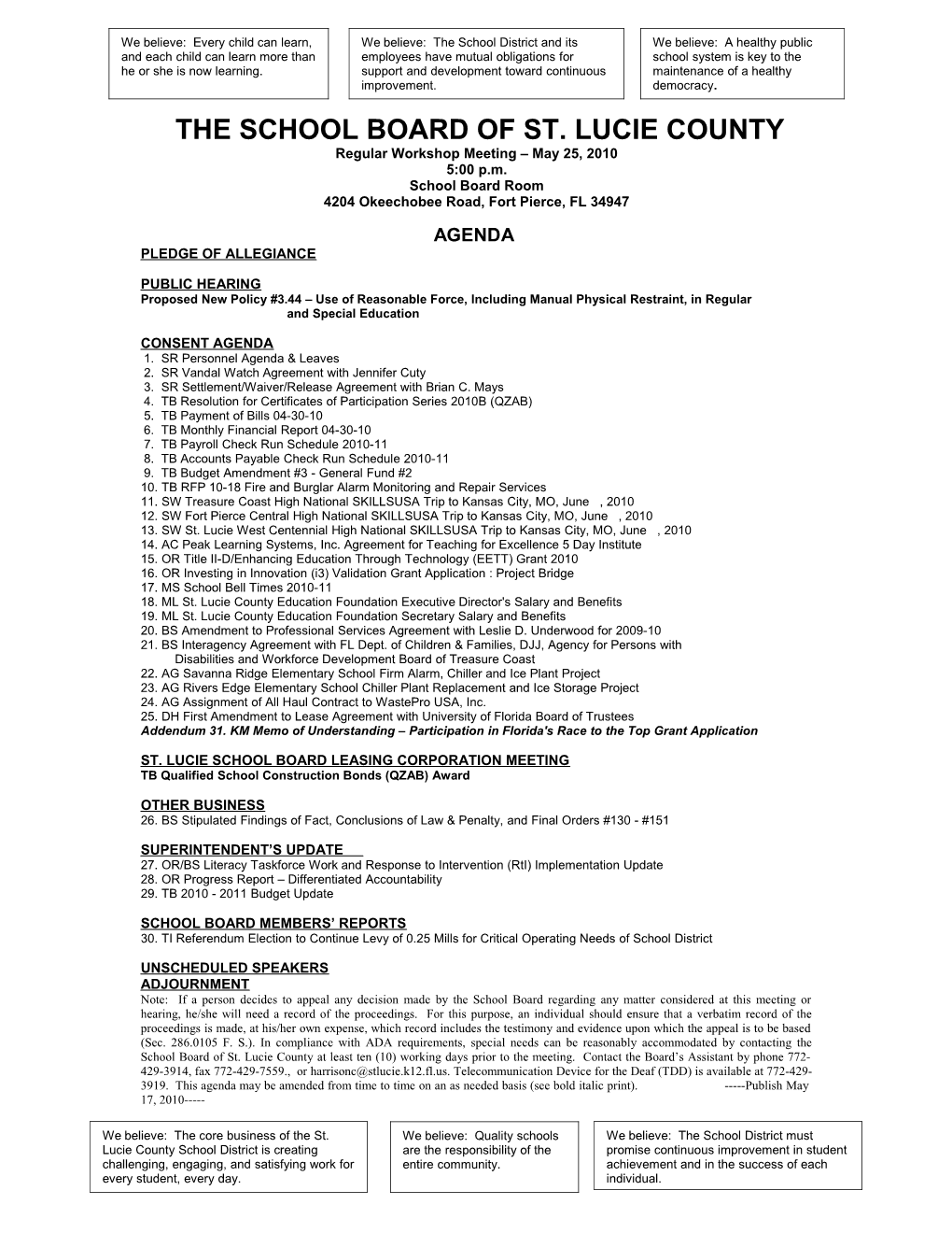 05-25-10 SLCSB Regular Workshop Agenda