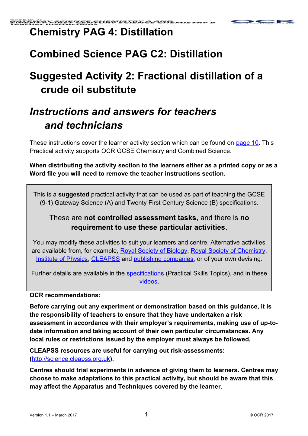 OCR GCSE Twenty First Century Science Chemistry a and B PAG 4.2: Distillation Crude Oil