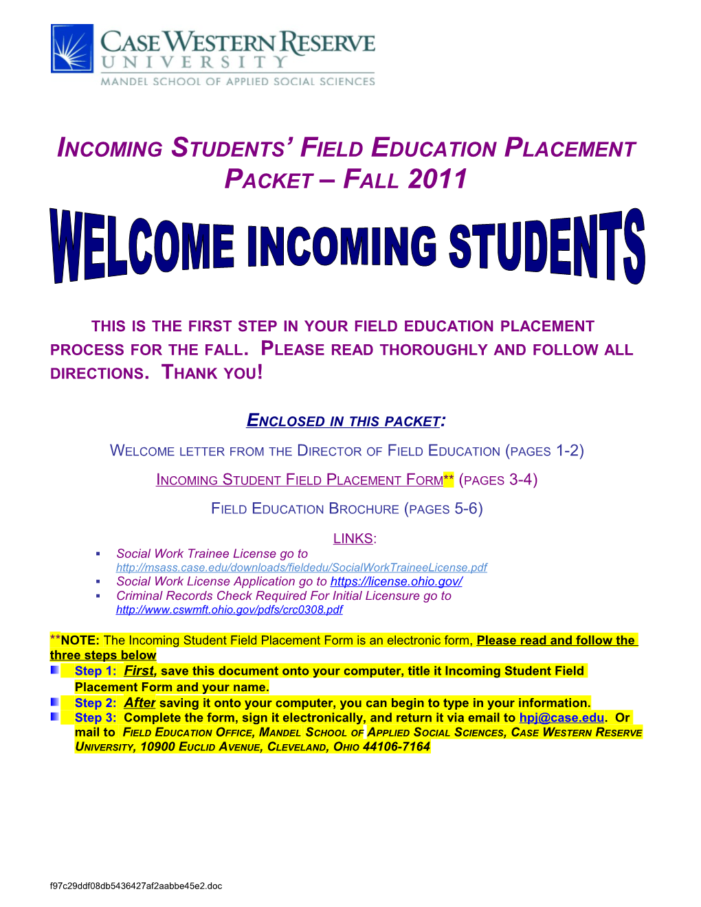 Incoming Students Field Education Placement Packet Fall 2011