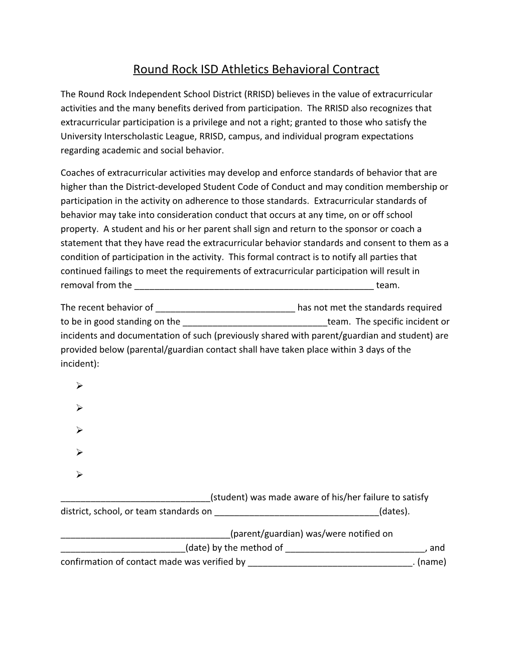 Round Rock ISD Athletics Behavioral Contract