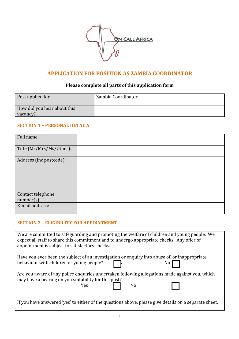 Application for Position As Zambia Coordinator