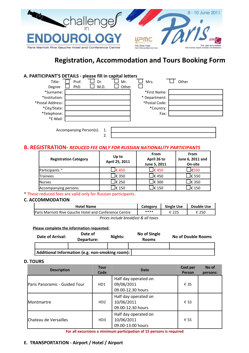 Registration, Accommodation and Tours Booking Form