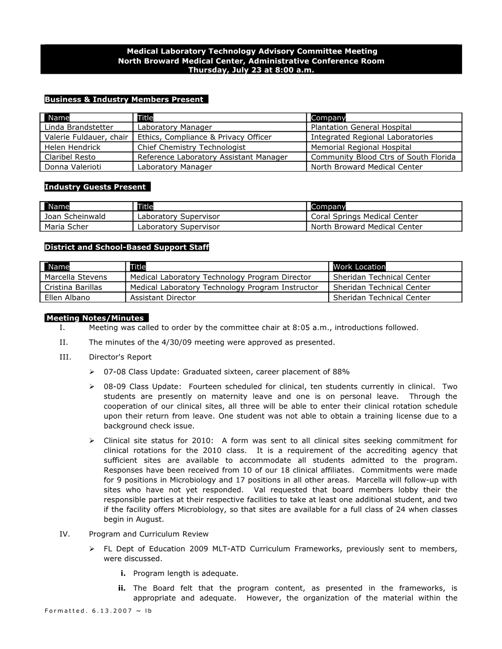 Medical Laboratory Technology Advisory Committee Meeting