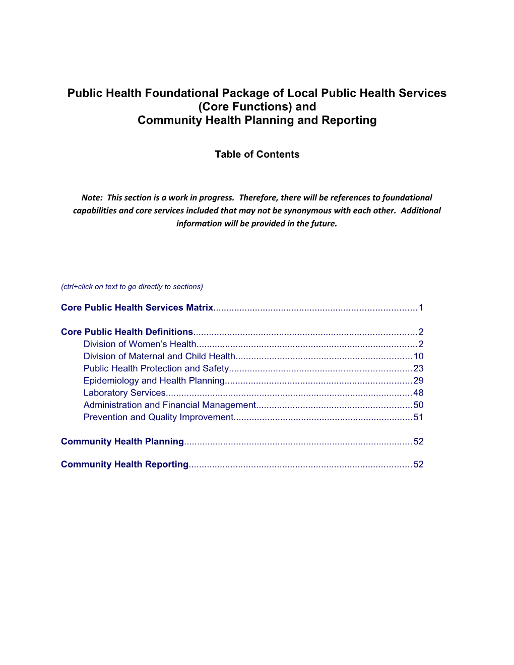 Public Health Foundational Package of Local Public Health Services (Core Functions) And