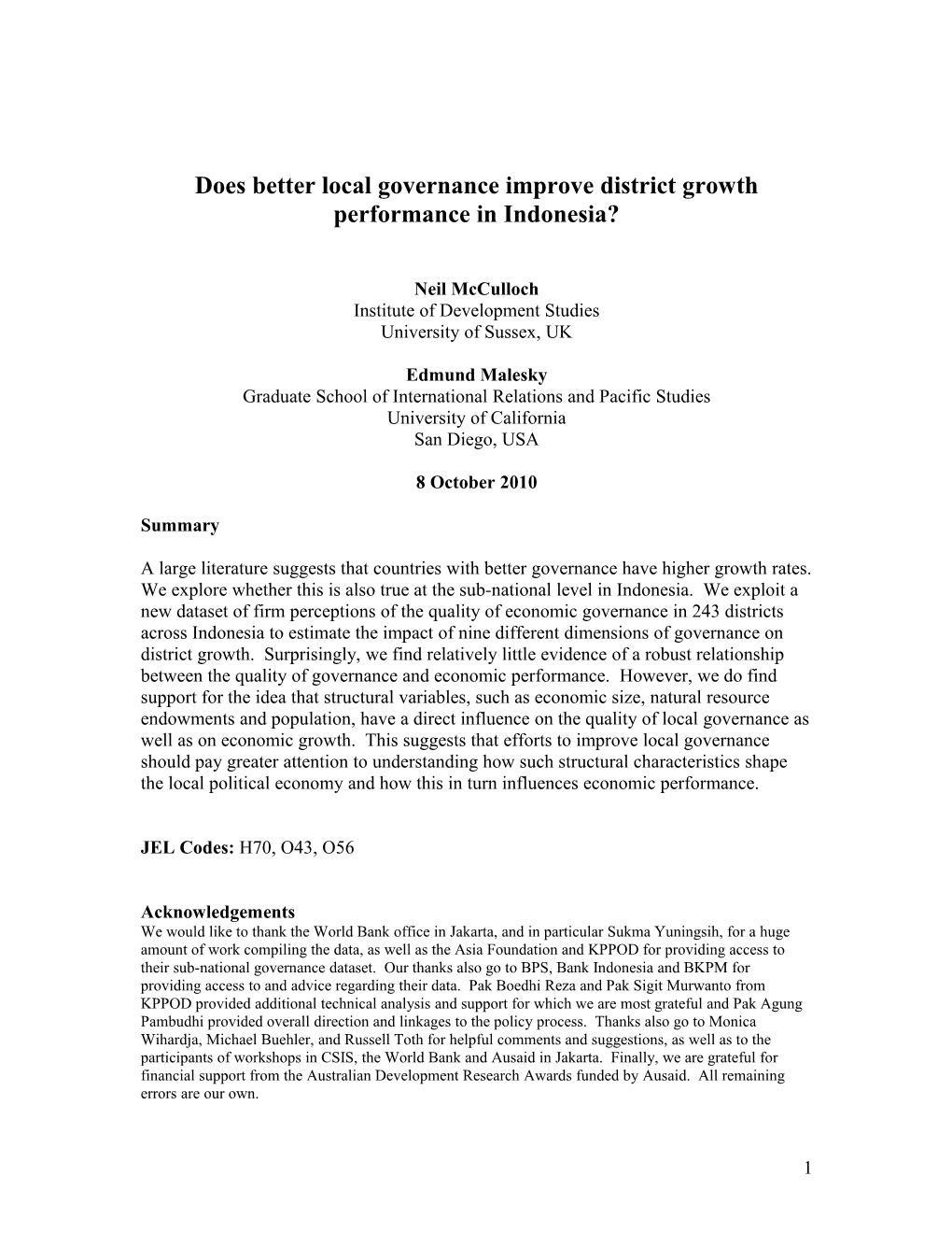 Does Better Local Governance Improve District Growth Performance in Indonesia