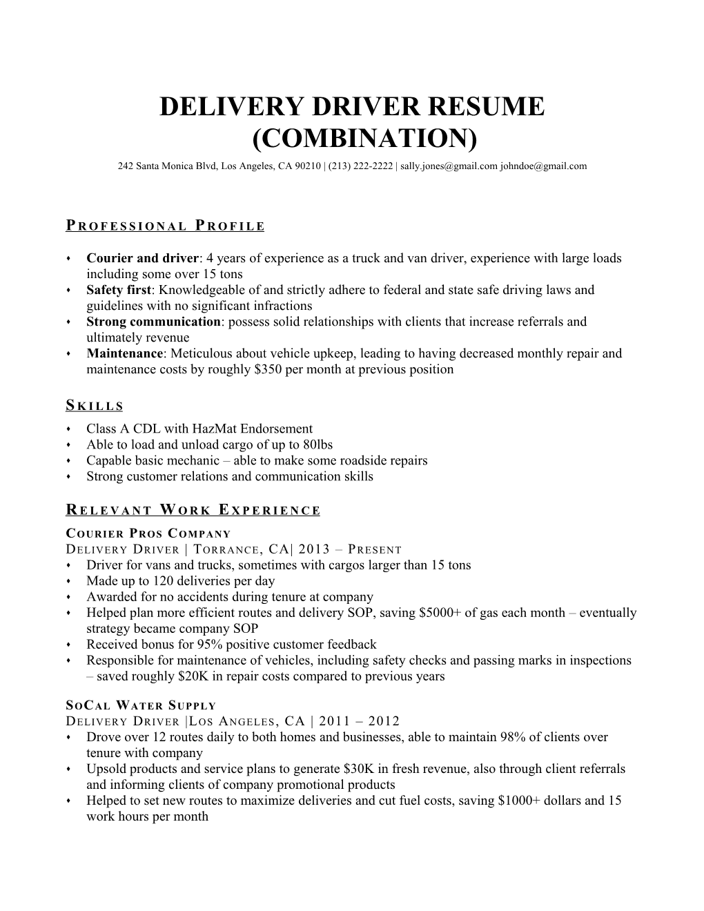 Delivery Driver Resume (Combination)