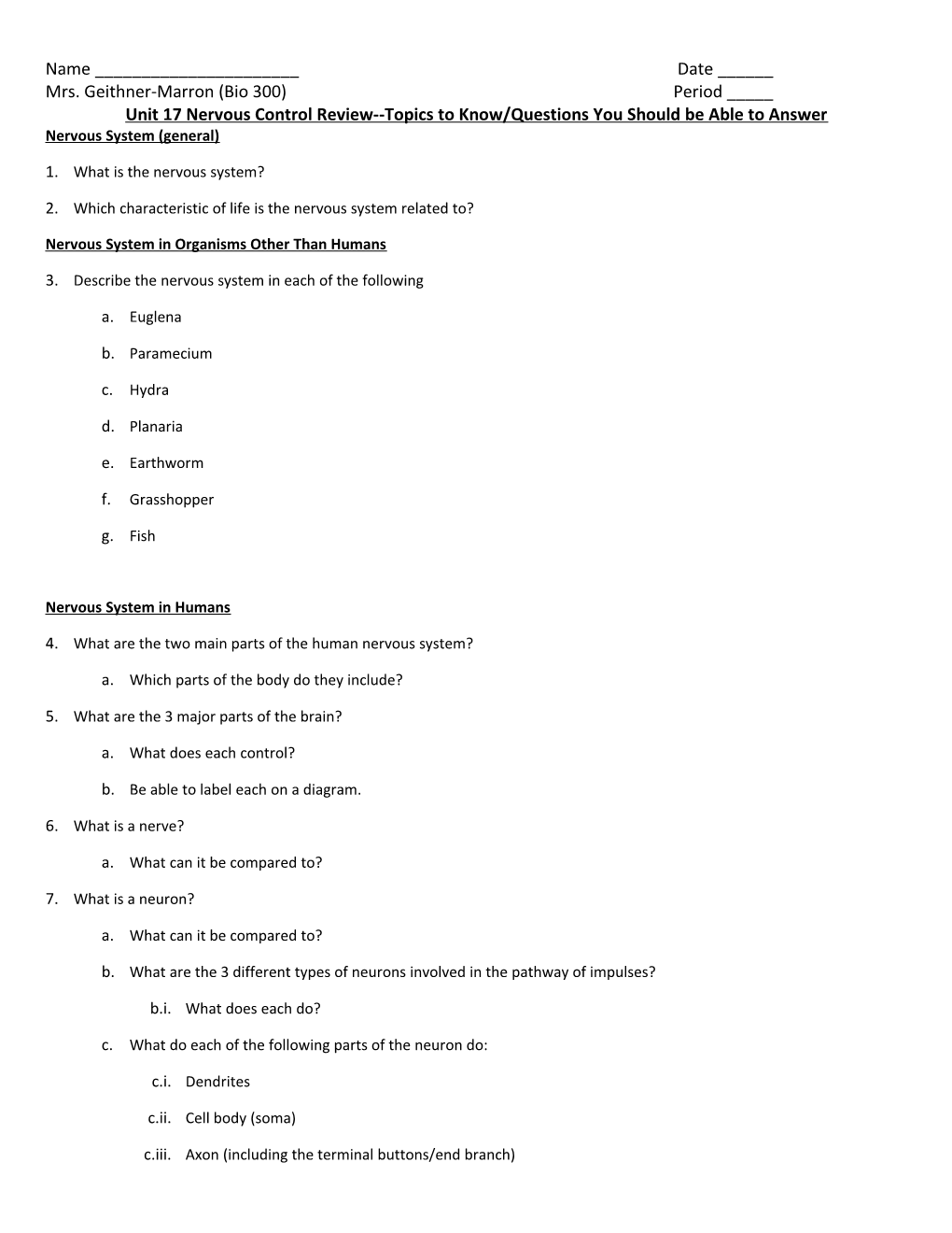 Unit 17 Nervous Control Review Topics to Know/Questions You Should Be Able to Answer