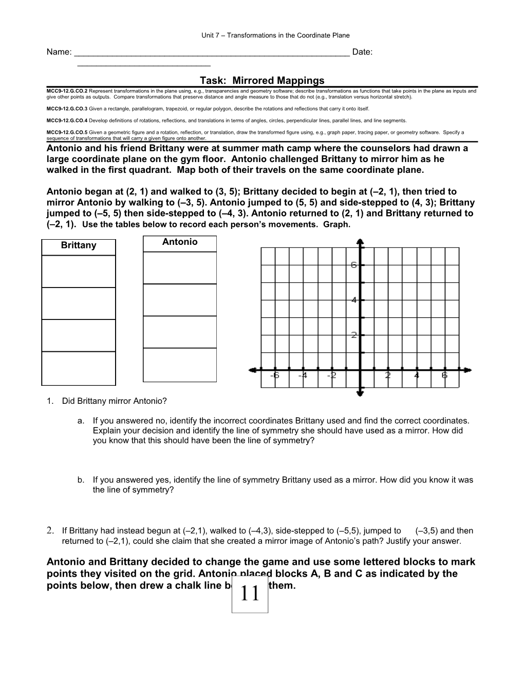 Unit 7 Transformations in the Coordinate Plane