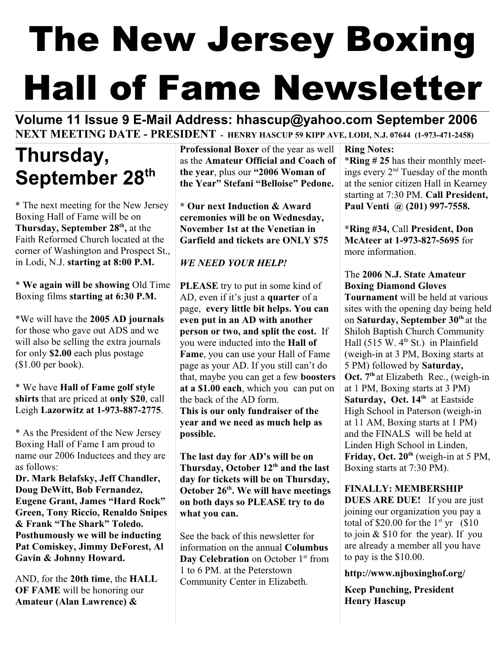 The New Jersey Boxing Hall of Fame Newsletter