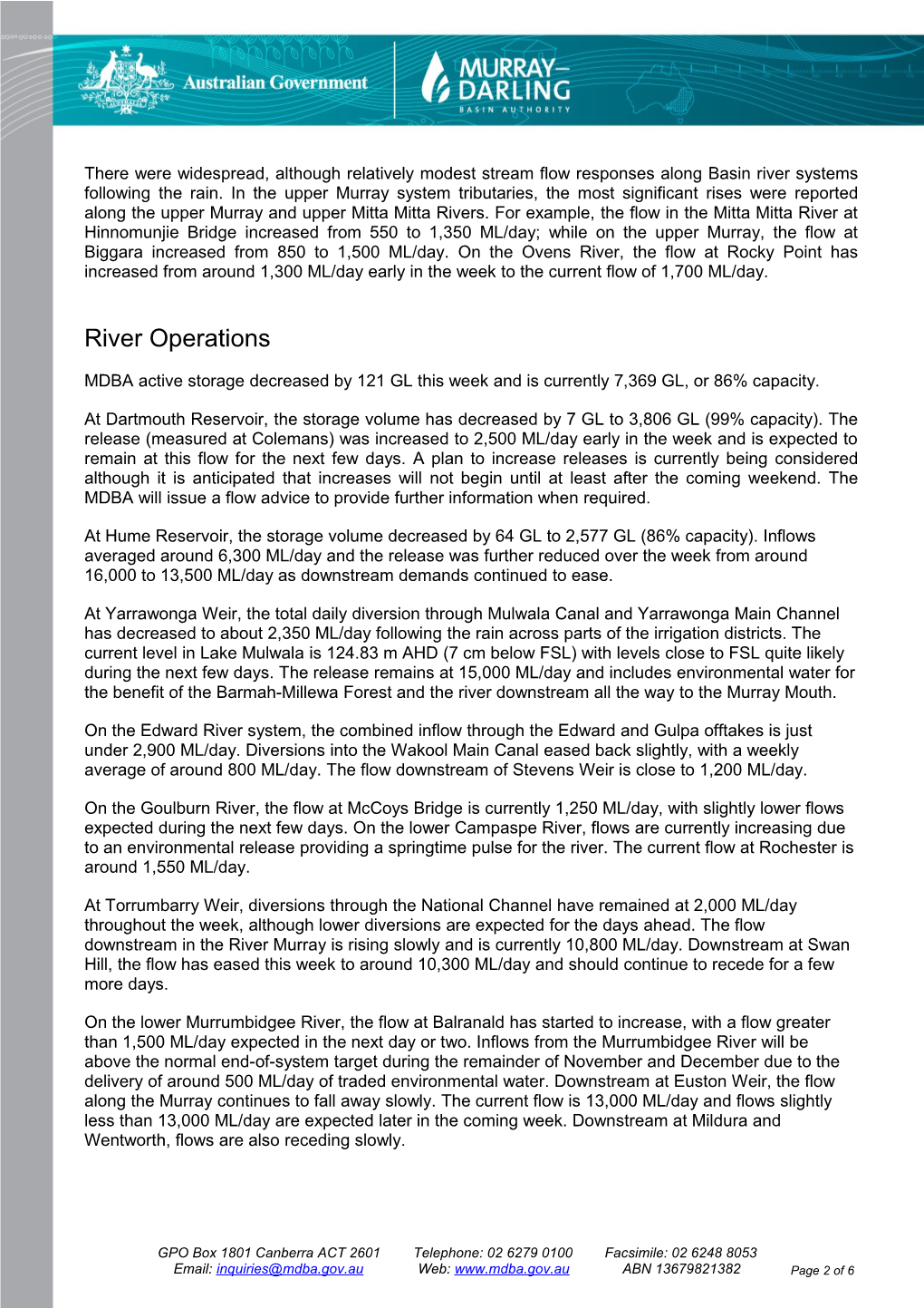 River Murray Operations Weekly Report 13 November 2013