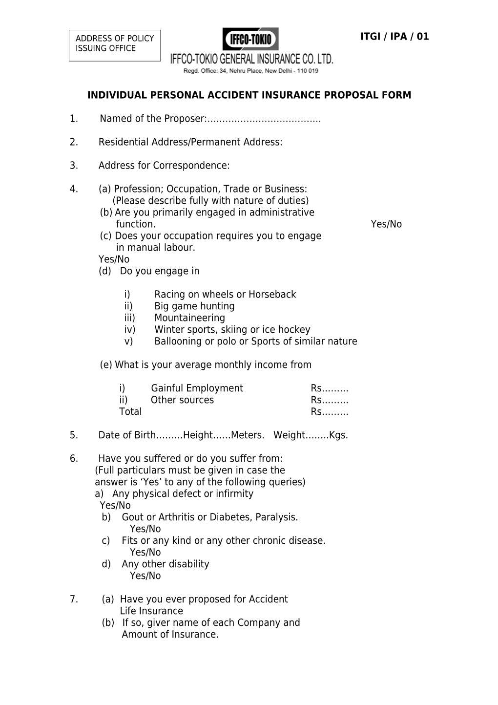 Individual Personal Accident Insurance Proposal Form