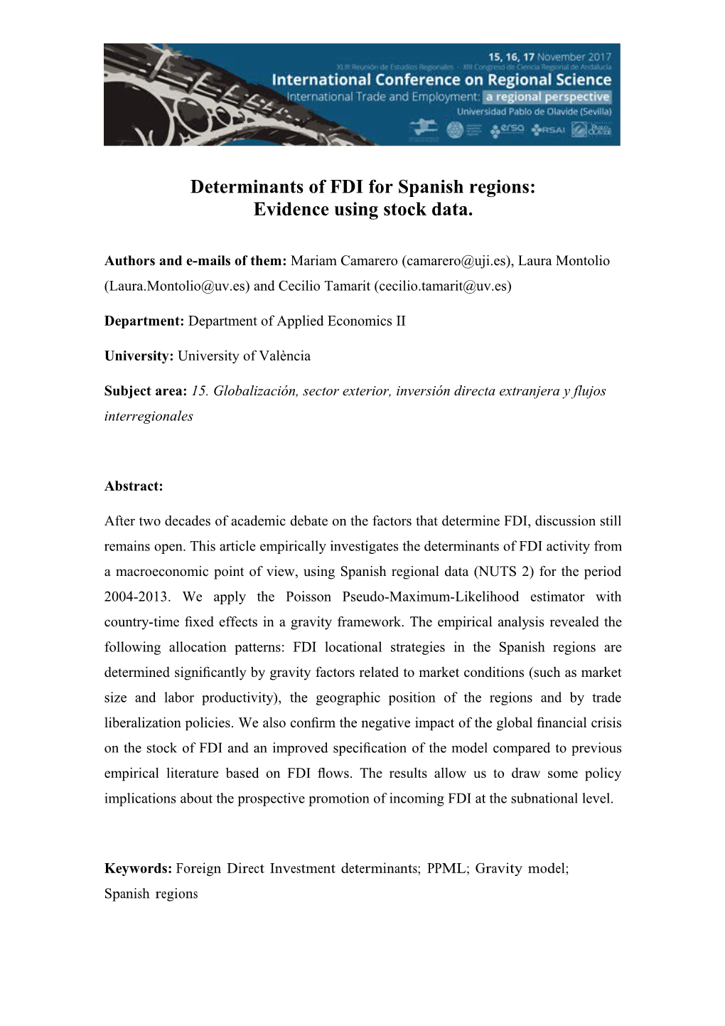 Determinants of FDI for Spanish Regions