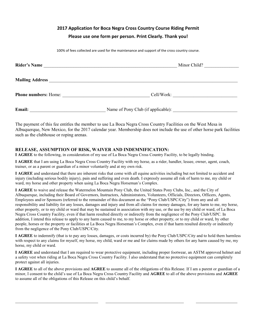 2017 Application for Boca Negra Cross Country Course Riding Permit