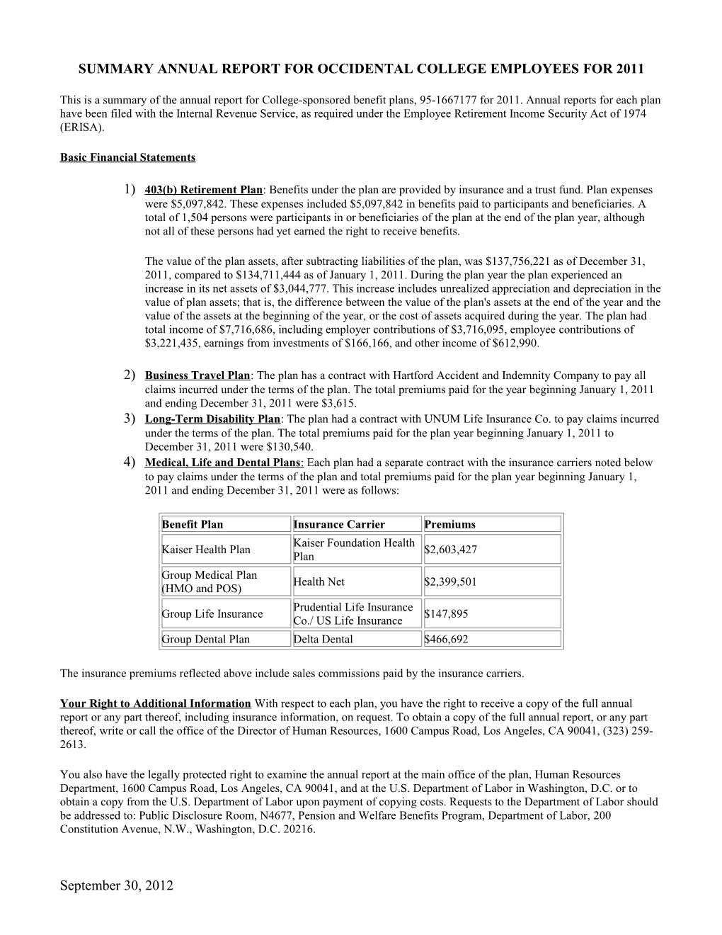 Summary Annual Report for Occidental College Employees for 2009