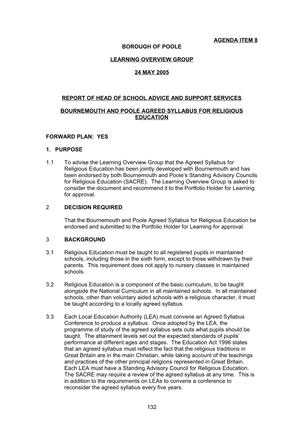 Agreed Syllabus for Religious Education - 22 June 2005 - Report