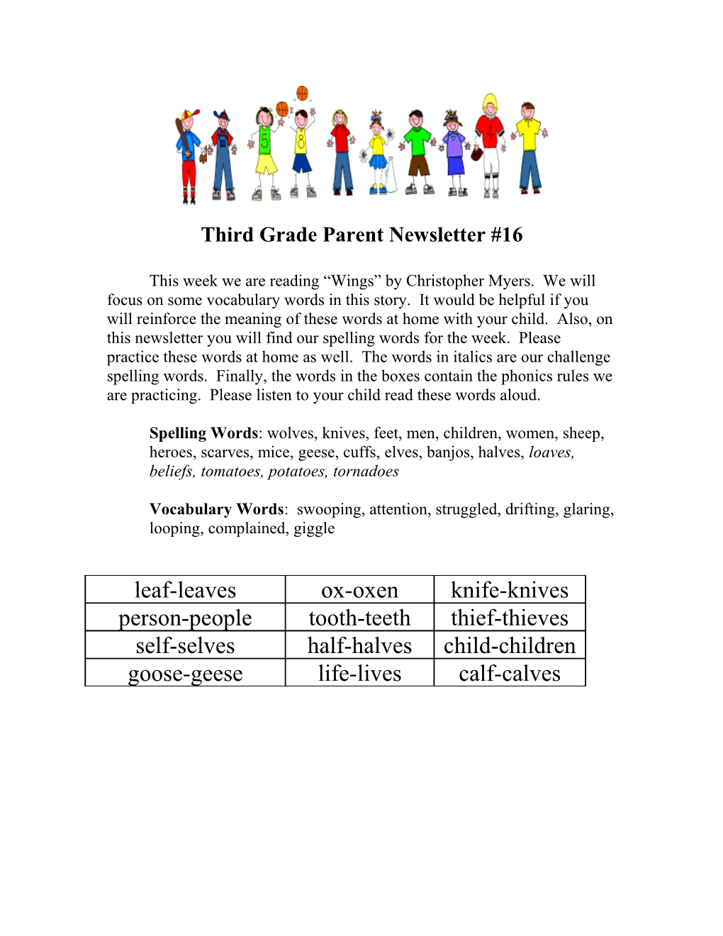 Third Grade Parent Newsletter #16