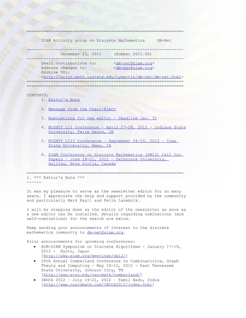 SIAM Activity Group on Discrete Mathematicsdm-Net