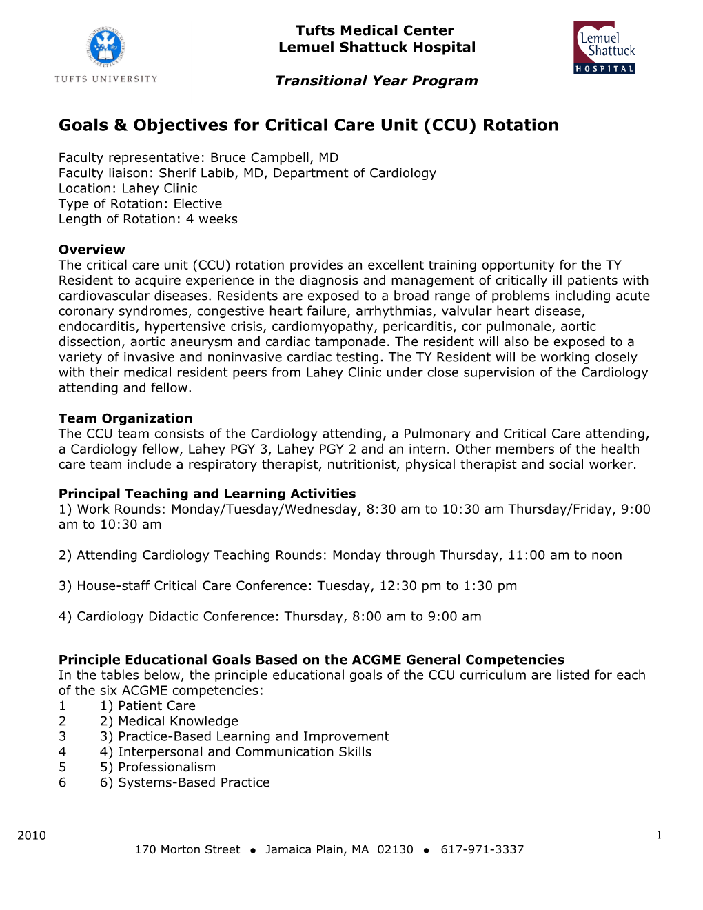 Goals & Objectives for Critical Care Unit (CCU) Rotation