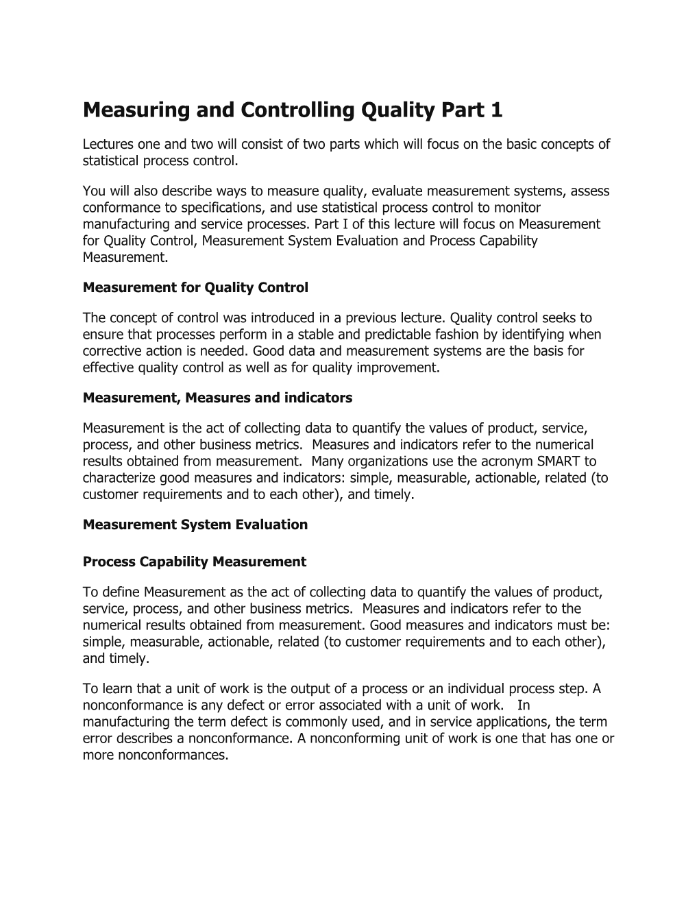 Measuring and Controlling Quality Part 1