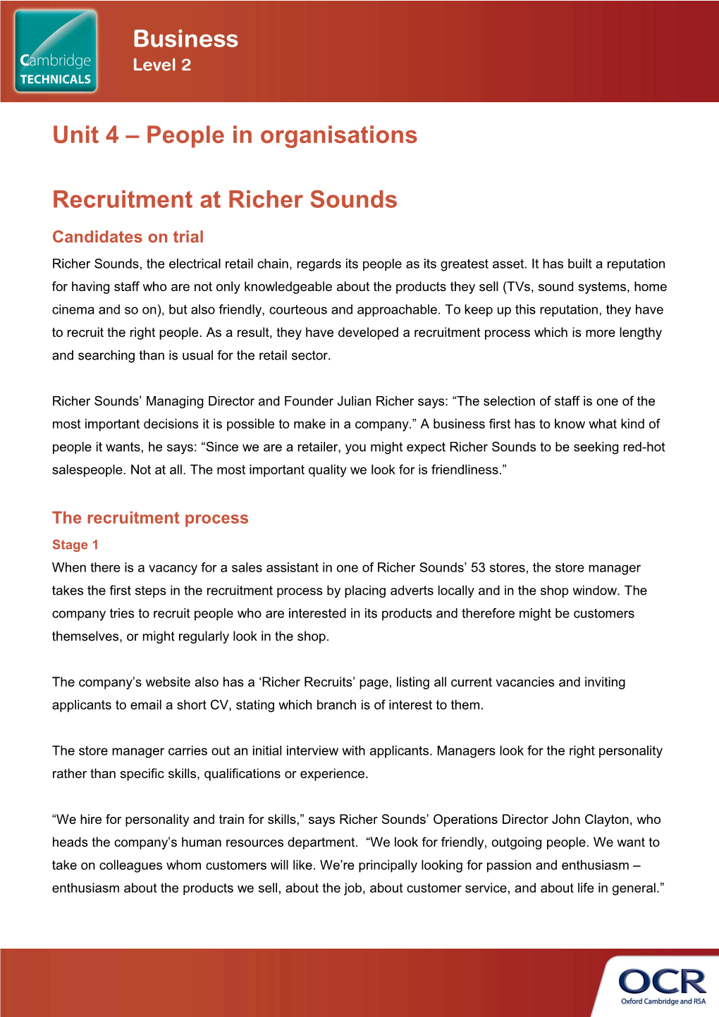 OCR Cambridge Technicals in Business Lesson Element - Level 2 Unit 4 Case Study: Recruitment