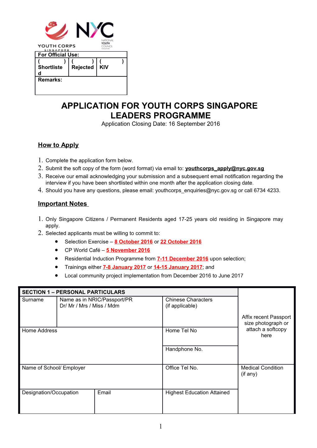Application for Youth Corps Singapore