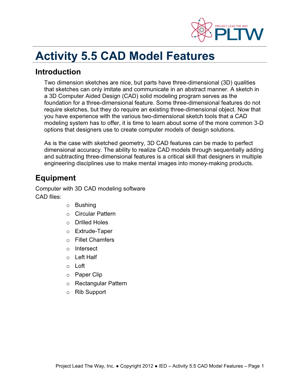 Activity 5.5 CAD Model Features