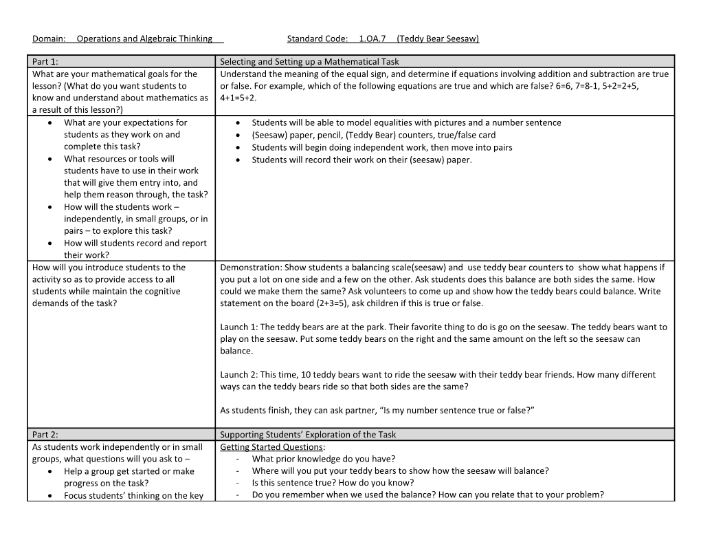 Domain: Operations and Algebraic Thinking Standard Code: 1.OA.7 (Teddy Bear Seesaw)