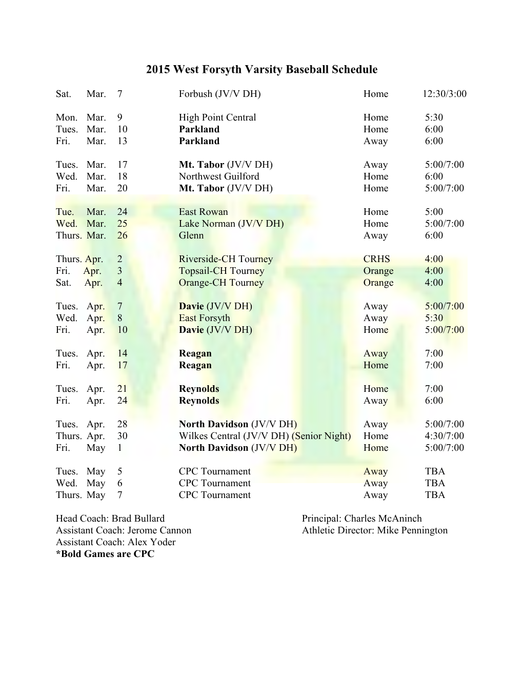 2014 West Forsyth Varsity Baseball Schedule