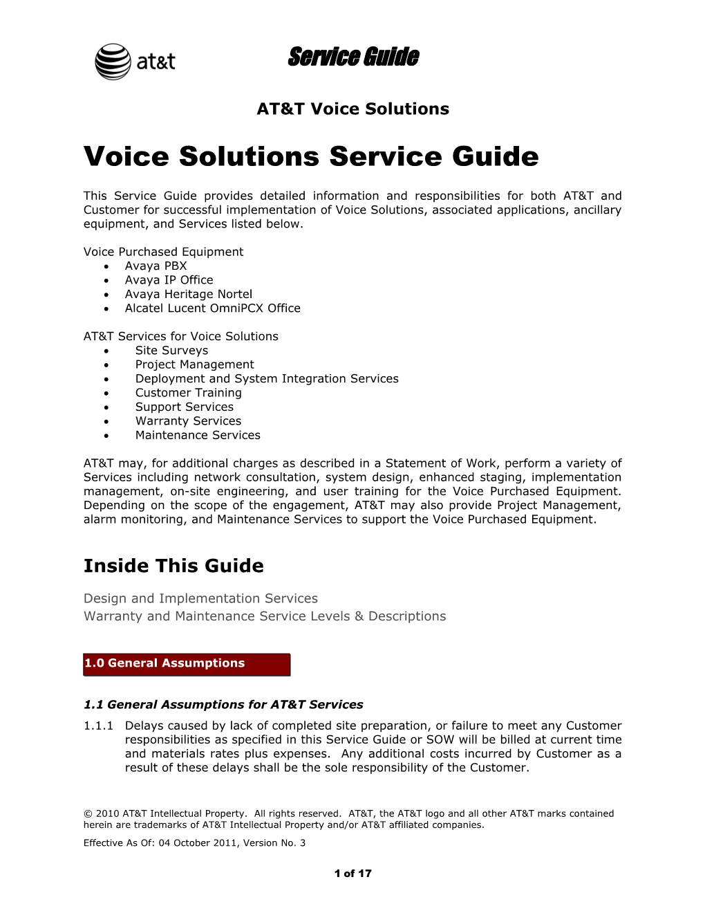 AT&T Service Guide For Voice CPE & Services