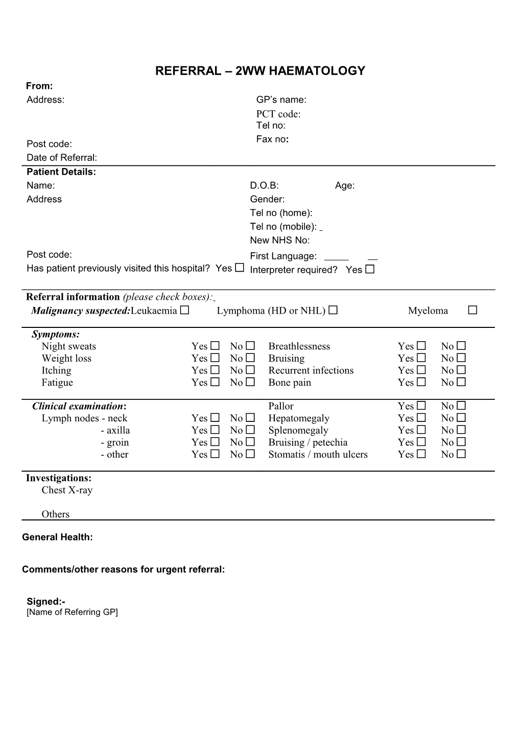 Referral 2Ww Haematology