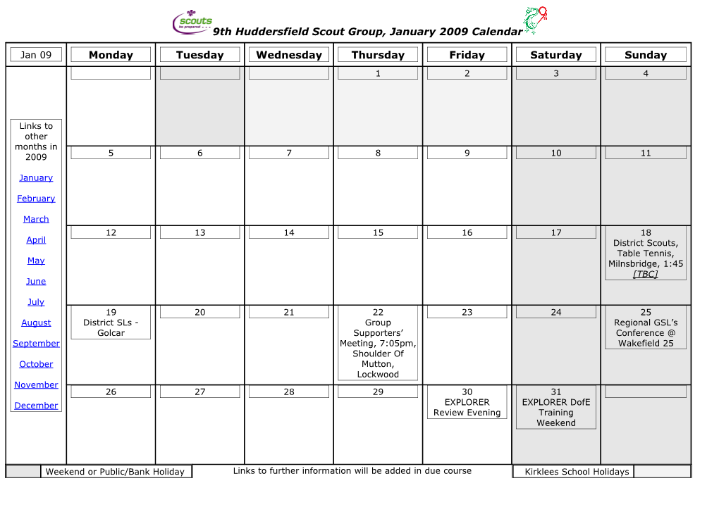 9Th Huddersfield Scout Group, January 2009 Calendar