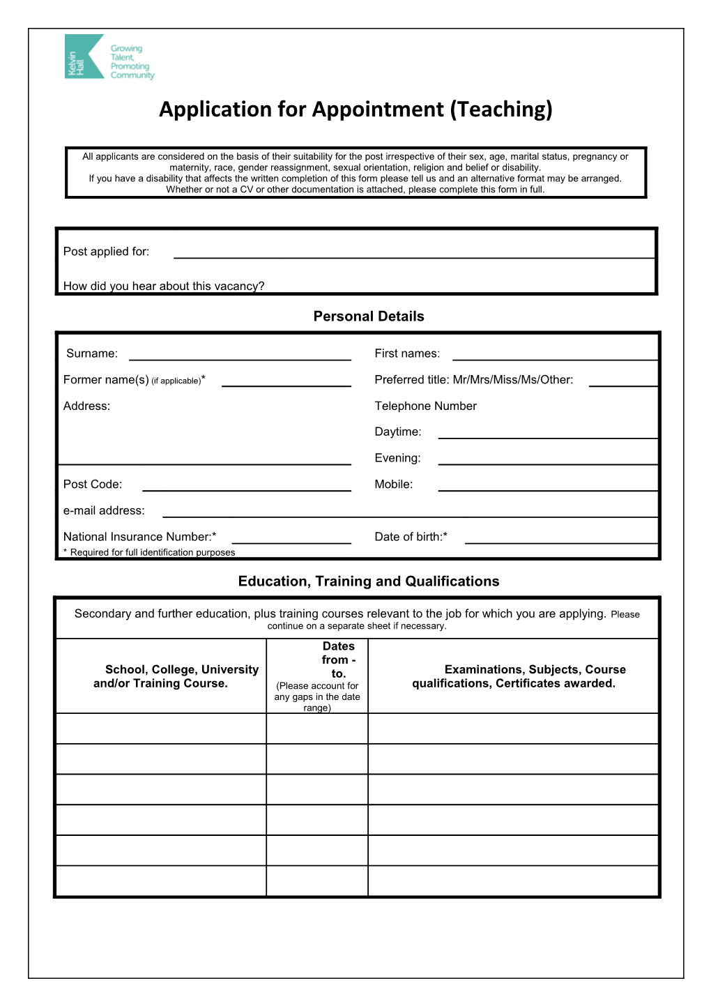 S1.1.3 Application Form for Employment (Teaching)