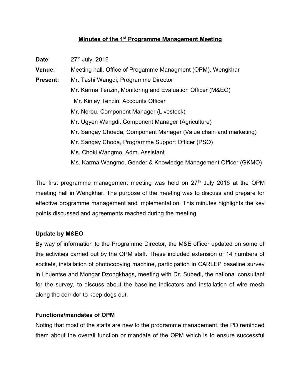 Minutes of the 1St Programme Management Meeting