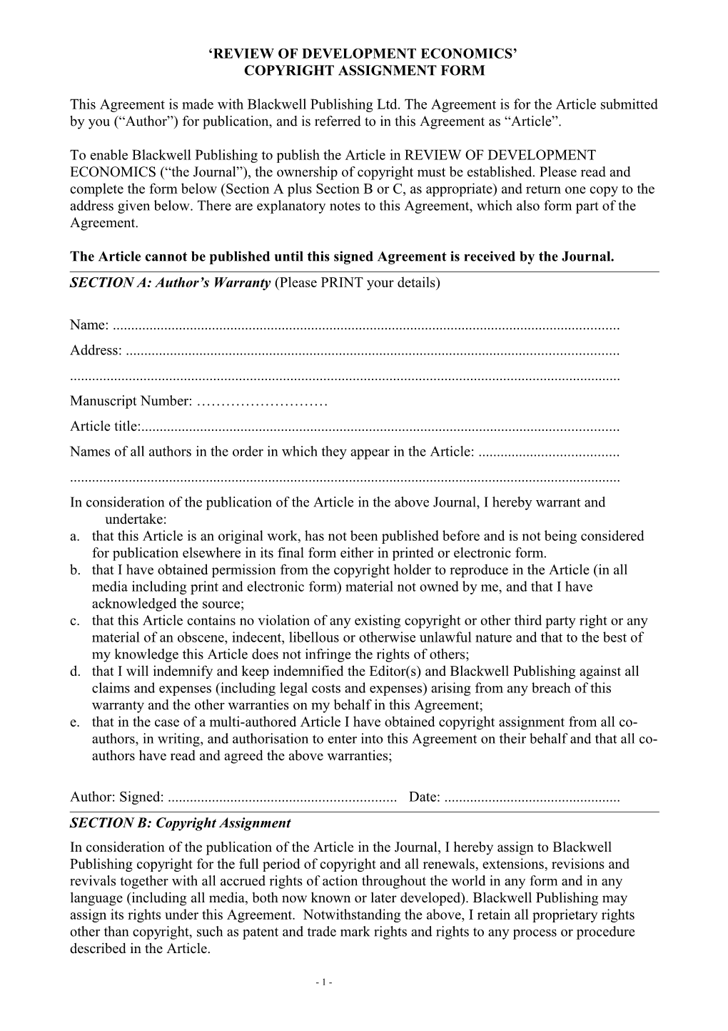 Blackwell Publishing Copyright Assignment Form