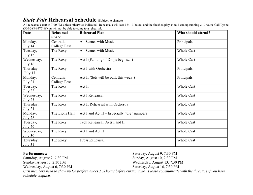 South Pacific Rehearsal Schedule