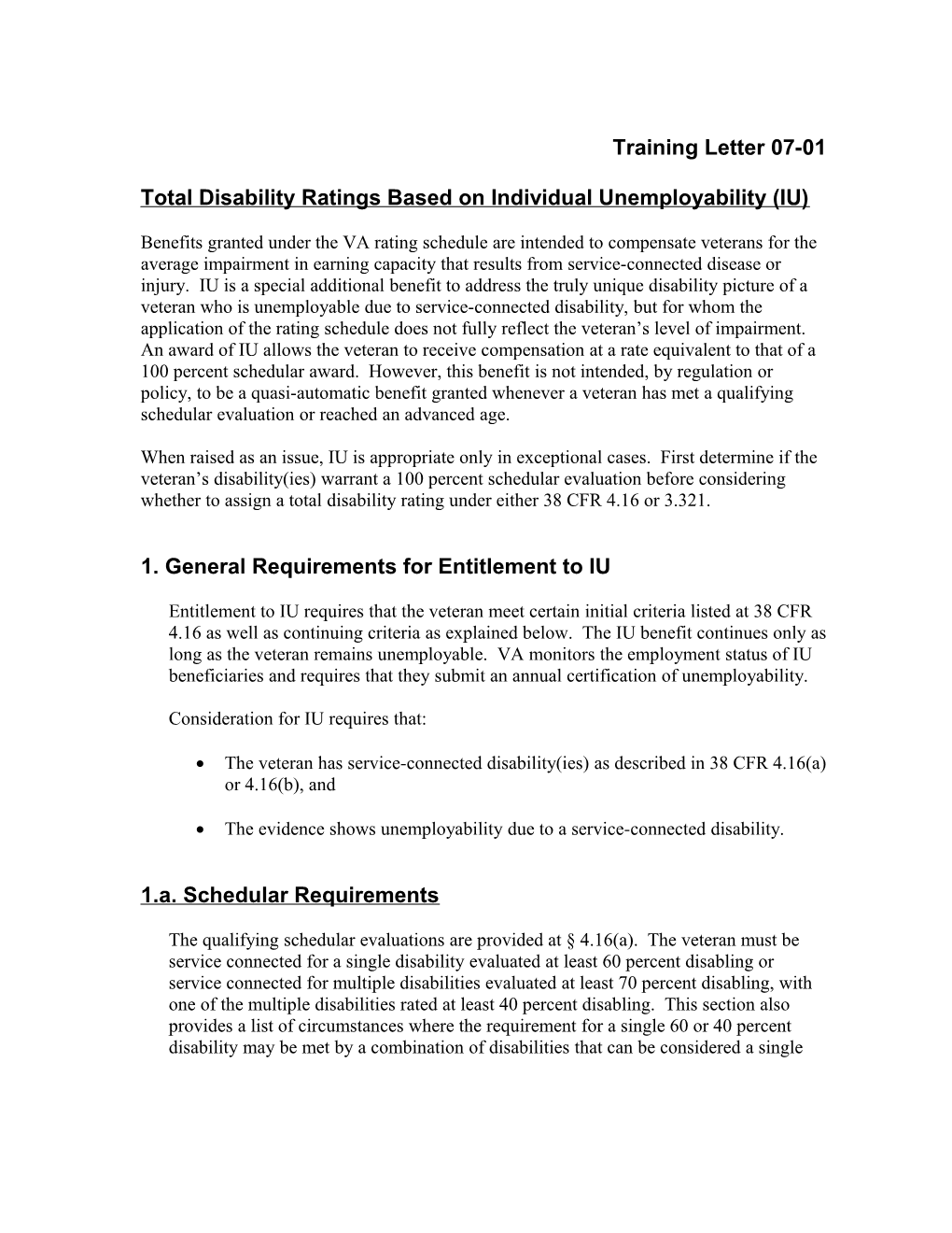 Total Disability Ratings Based on Individual Unemployability (IU)