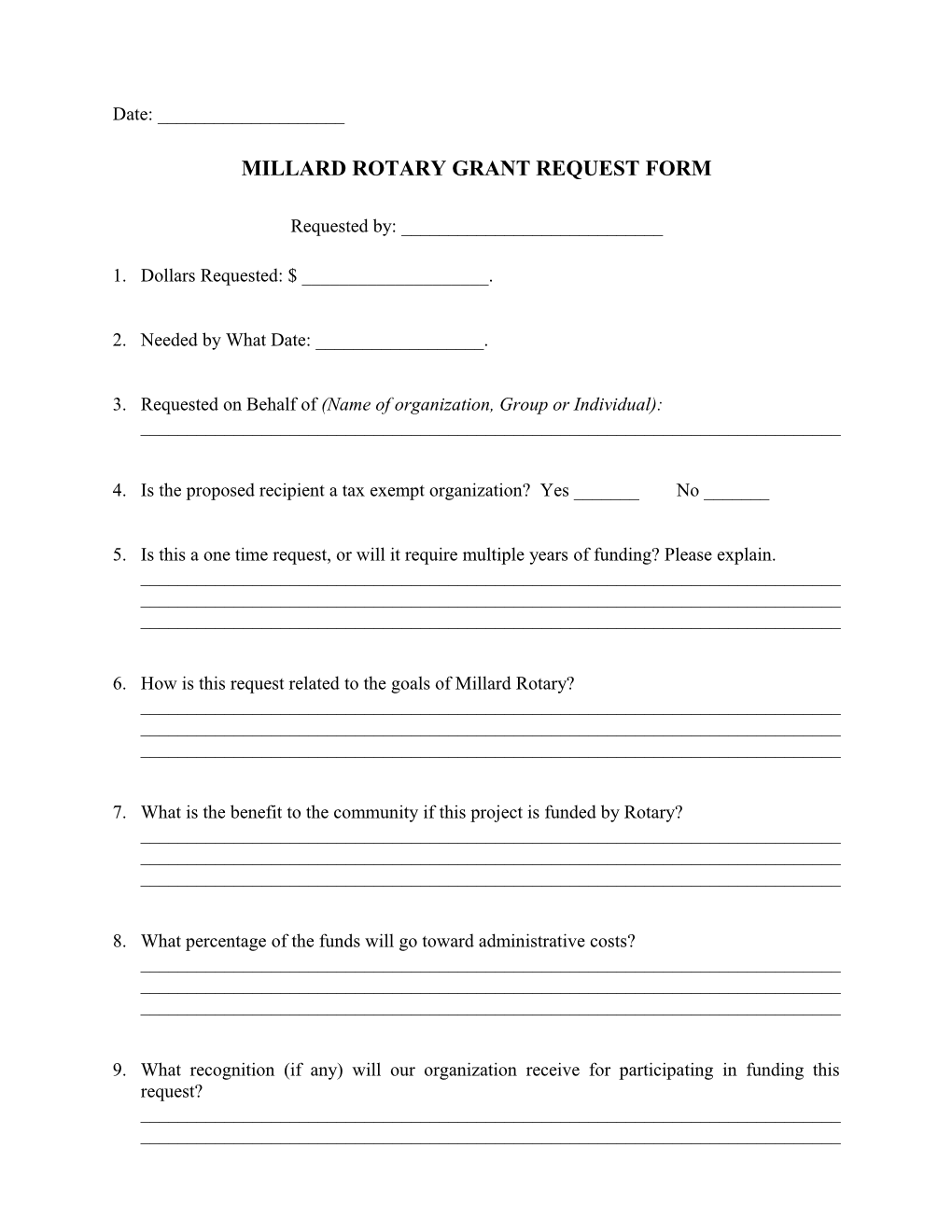 Millard Rotary Grant Request Form