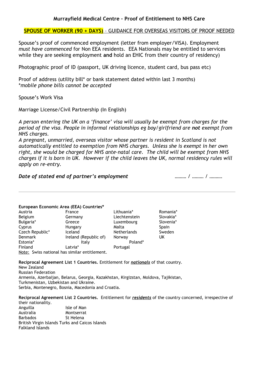 Murrayfield Medical Centre Proof of Entitlement to NHS Care