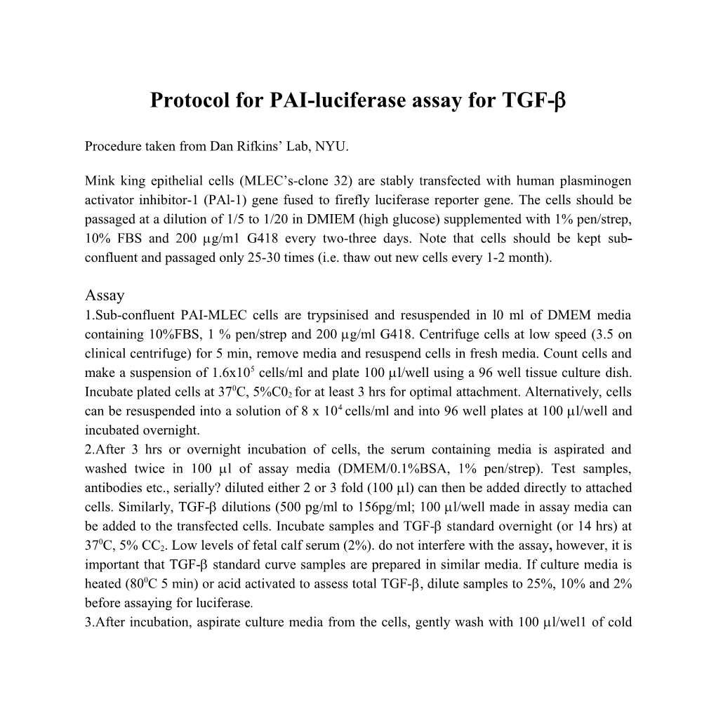 Protocol for PAI-Luciferase Assay for TGF-B