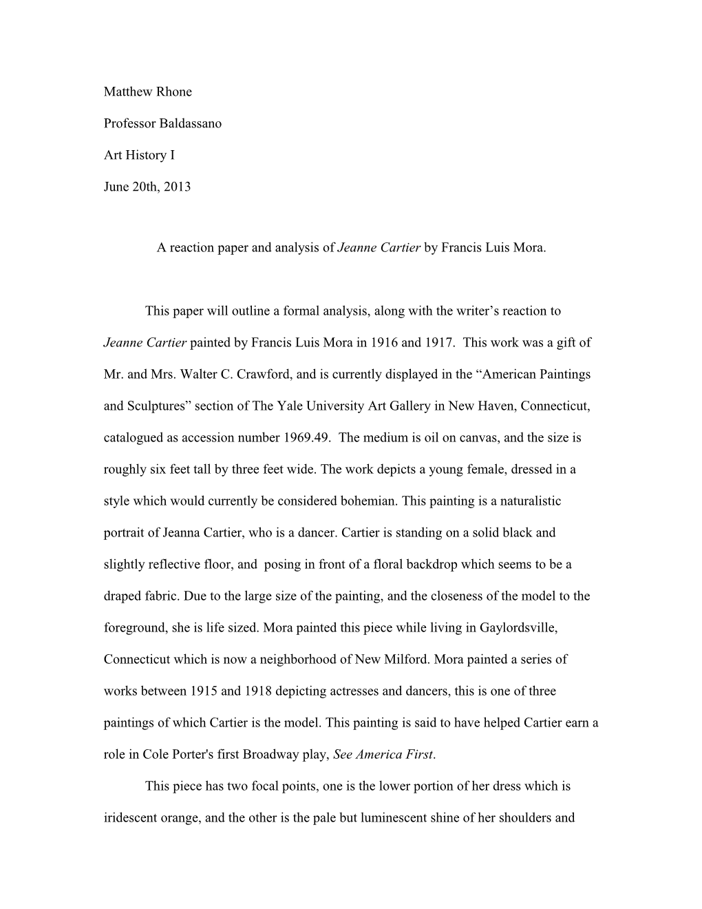 A Reaction Paper and Analysis of Jeanne Cartier by Francis Luis Mora