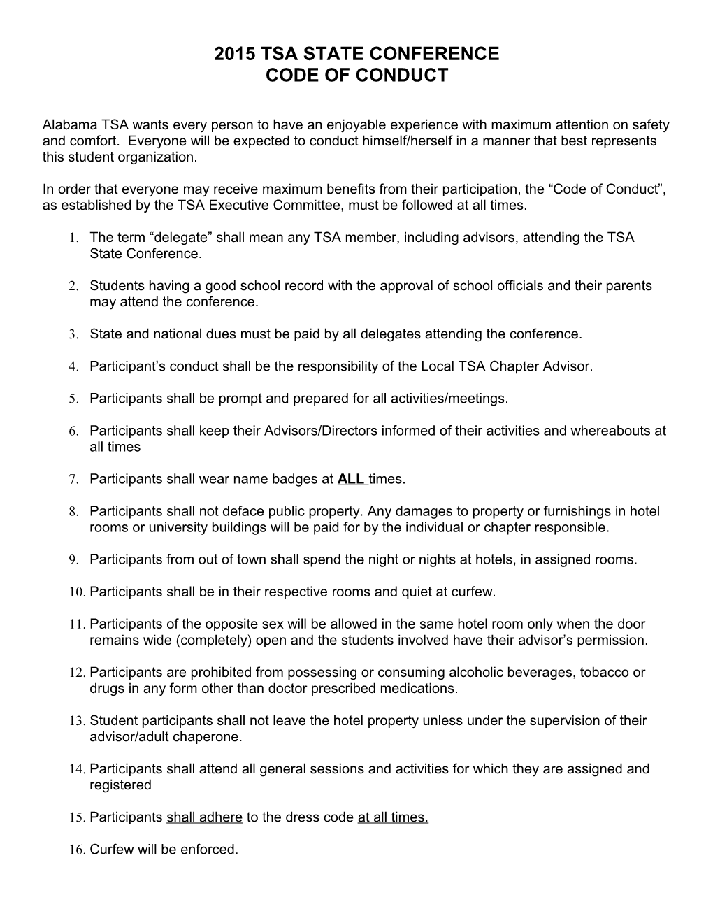 Tsa Code of Conduct School Agreement 2017