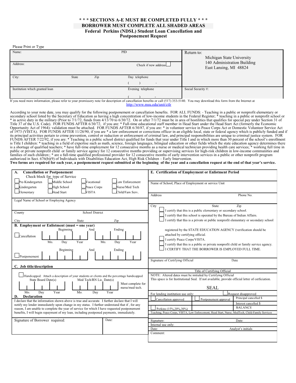 Federal Perkins (NDSL) Student Loan Cancellation And Postponement Request