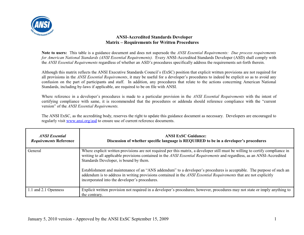 Matrix of Procedural Requirements That Must Be Contained in an ASD's Written Procedures